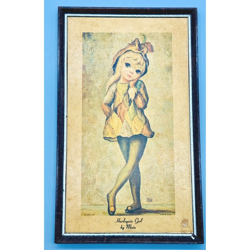 Maio Harlequin Girl Framed Litho Print Vintage Mid Century Modern Big Eye Art